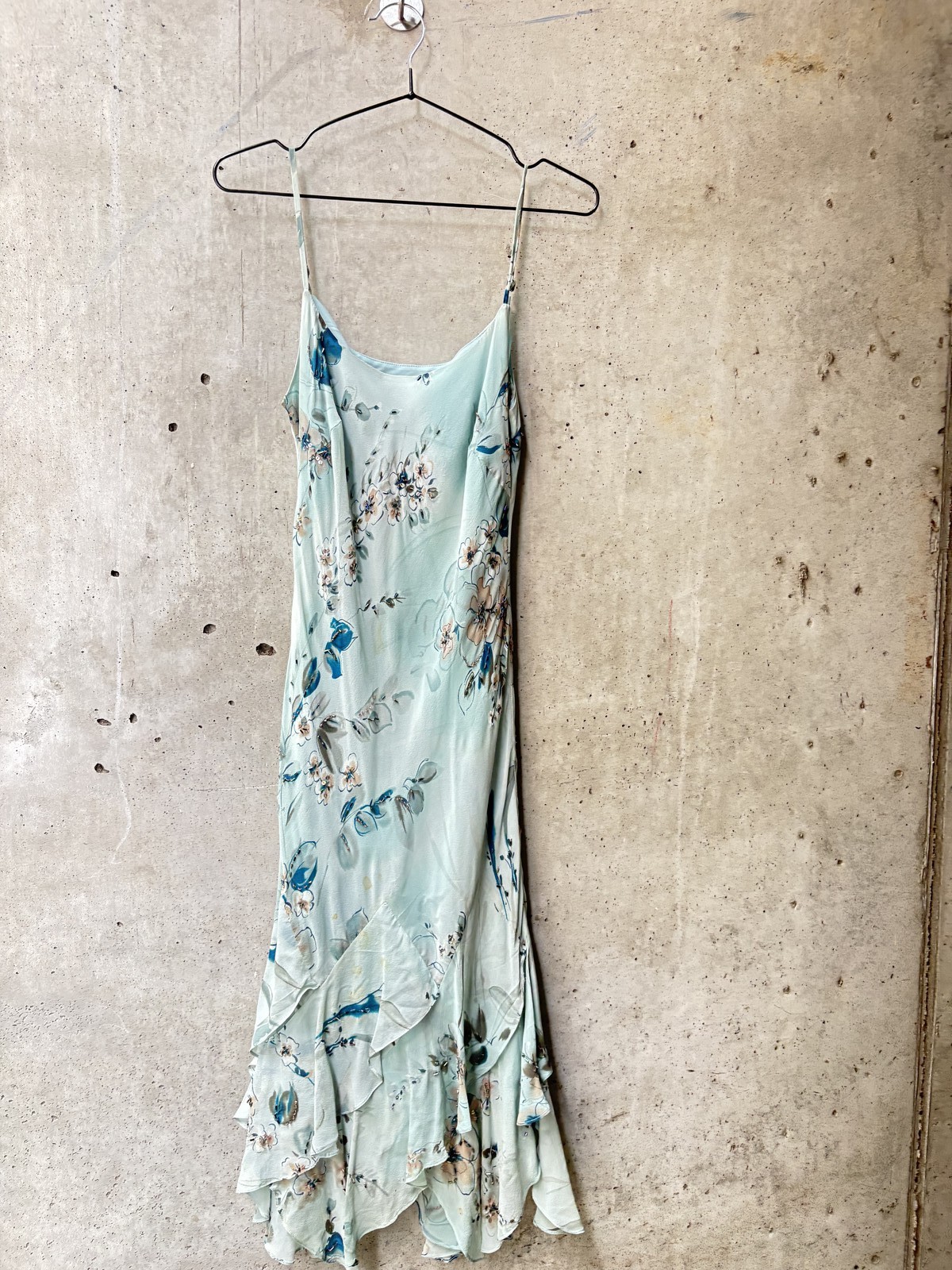 Papell Boutique 100% Silk Shell Mint Blue Floral Ruffle Hem Slip Dress
