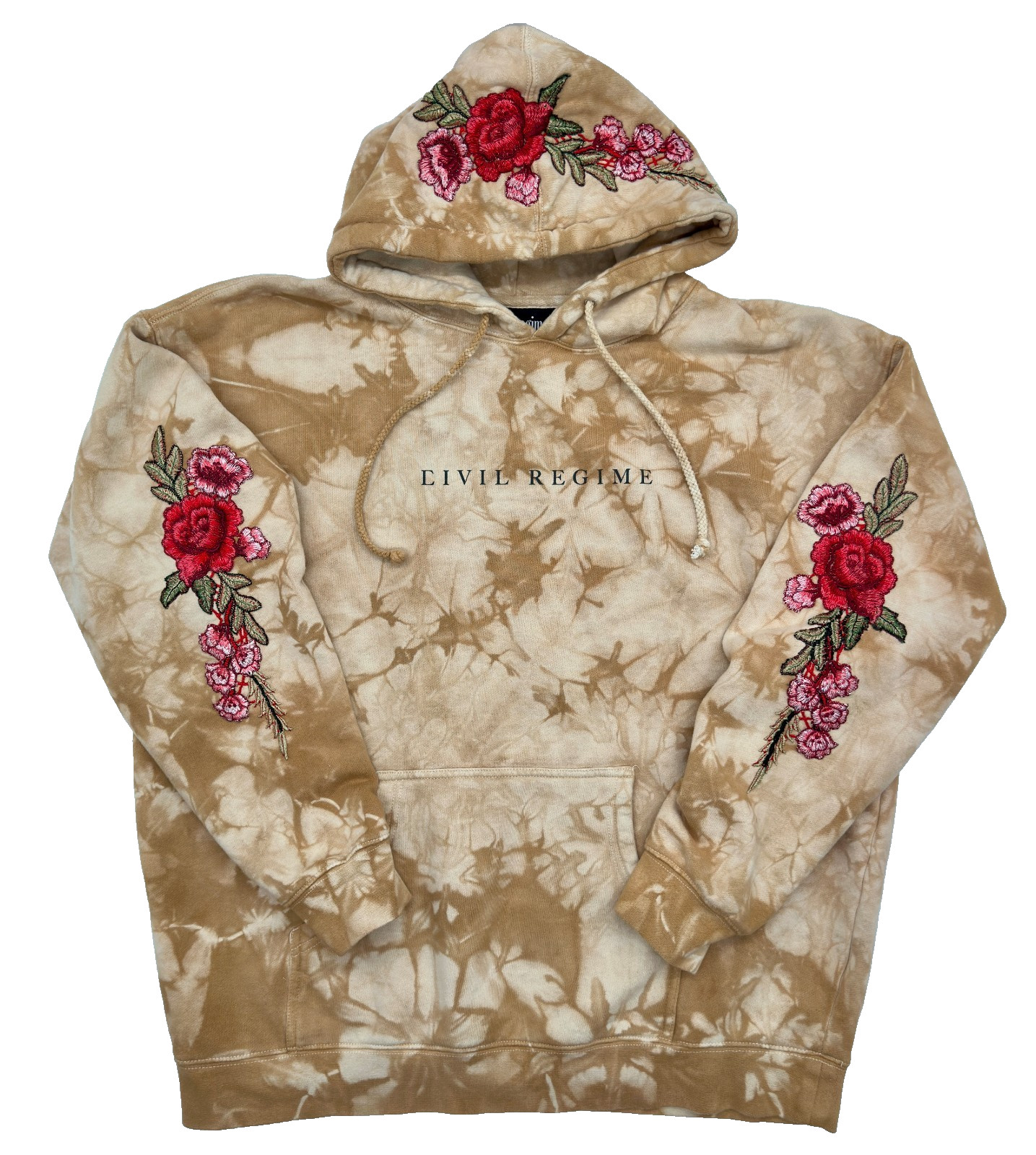 Civil Regime by Darc Sport Rose Embroidered Tie Dye Hoodie Mens Size L Khaki