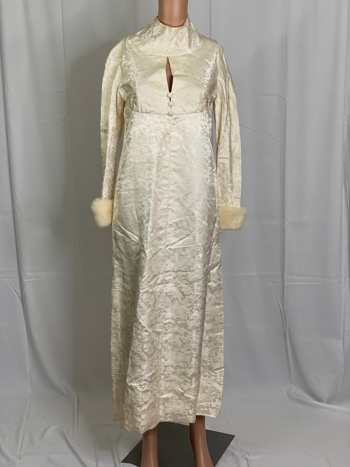 Vintage 60s Brocade Maxi Dress with Faux Fur Cuffs