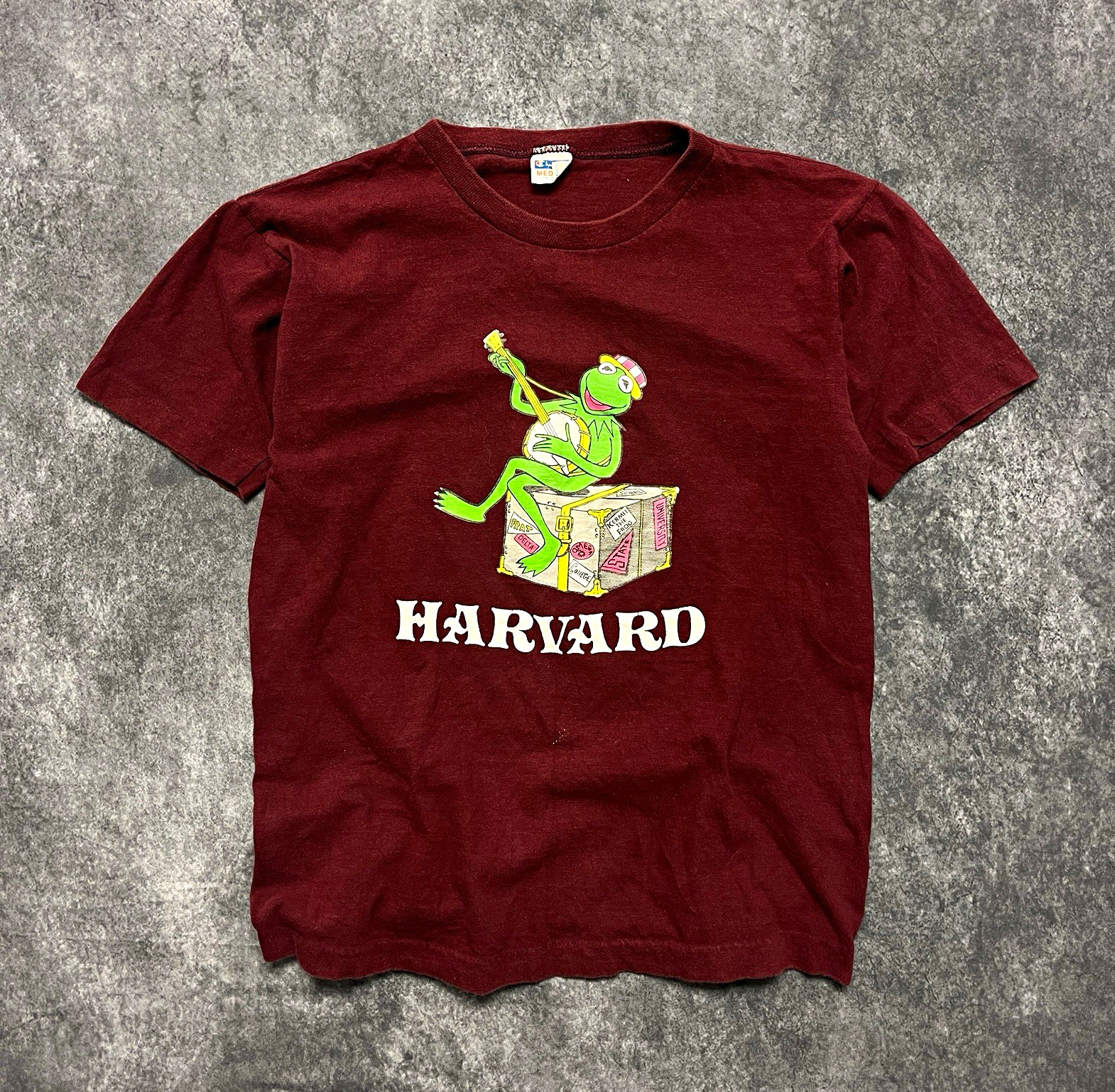Champion 1970s Blue Bar Harvard Kermit the Frog Graphic Tee Men\'s M Burgundy