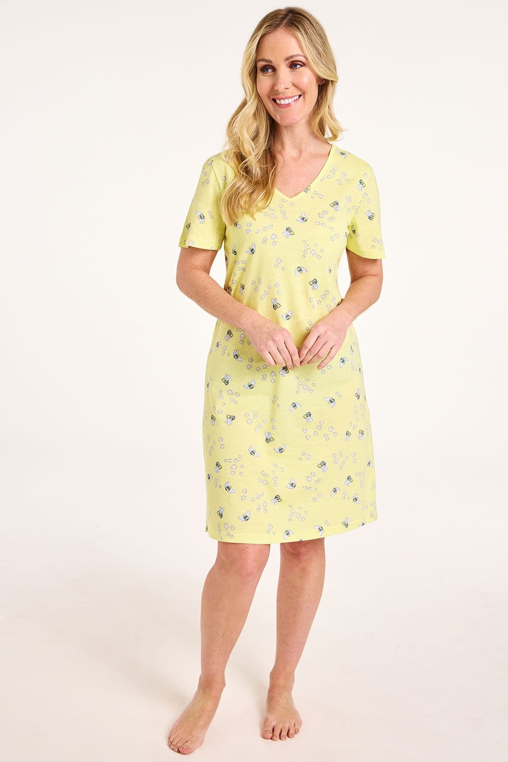Bon Marche Size 12/14 Lemon Bee Print V Neck Short Sleeve Cotton Nightdress BNWT