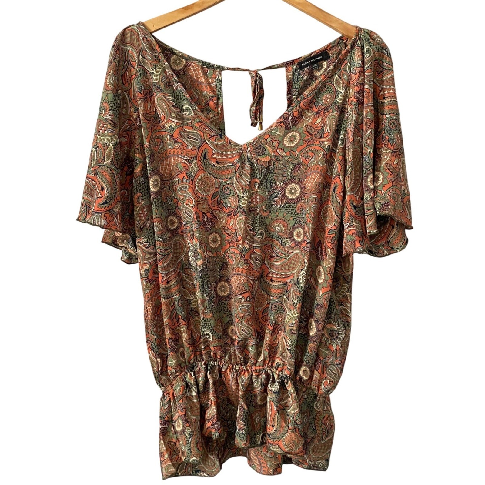 Karma Highway Peasant Boho Paisley Flutter Sleeve Open Back Tie Blouse One Size