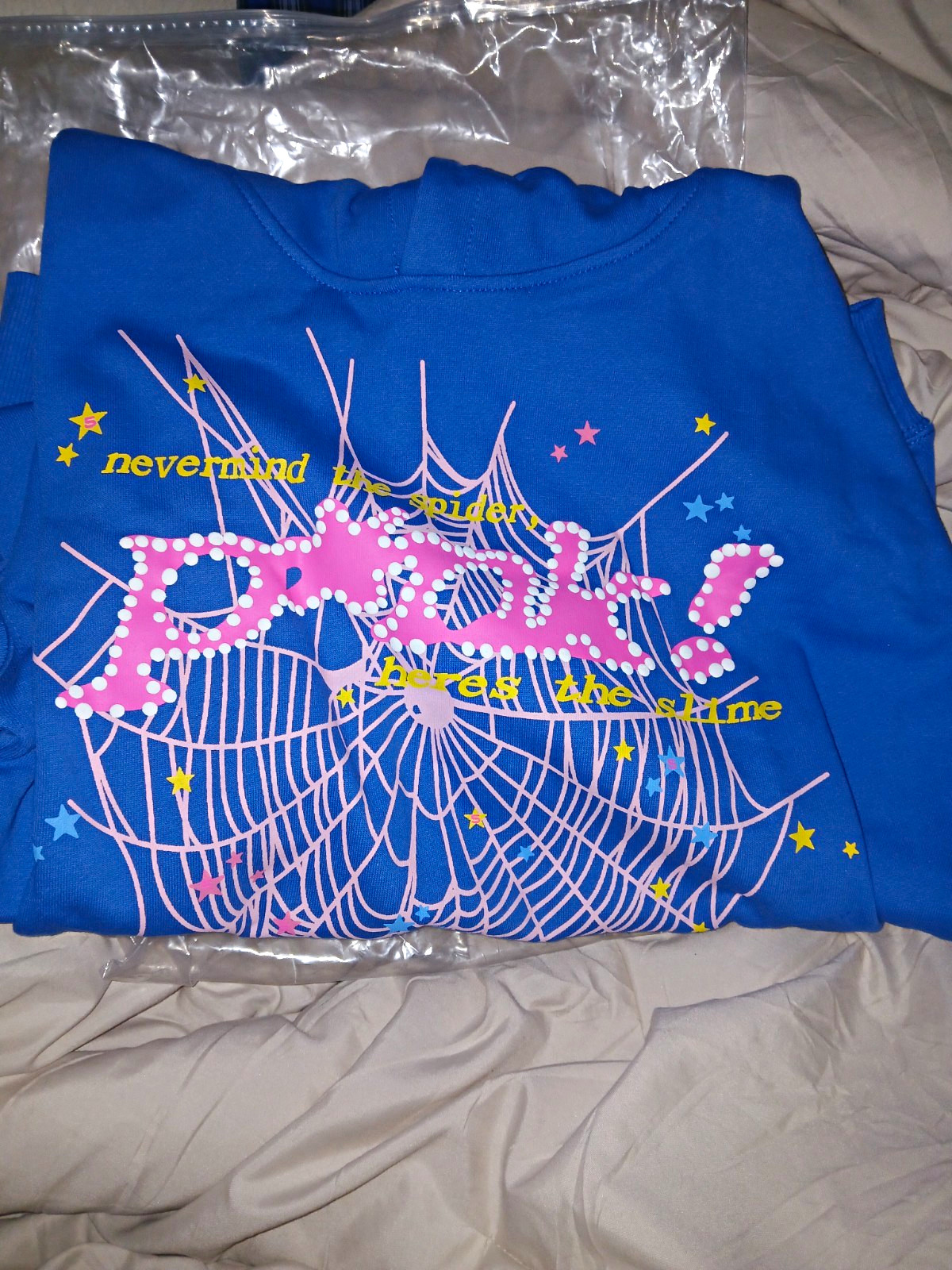 SP5DER P*NK Blue Spiderweb Hoodie Pink Stars Yellow Graphic Size M NWT