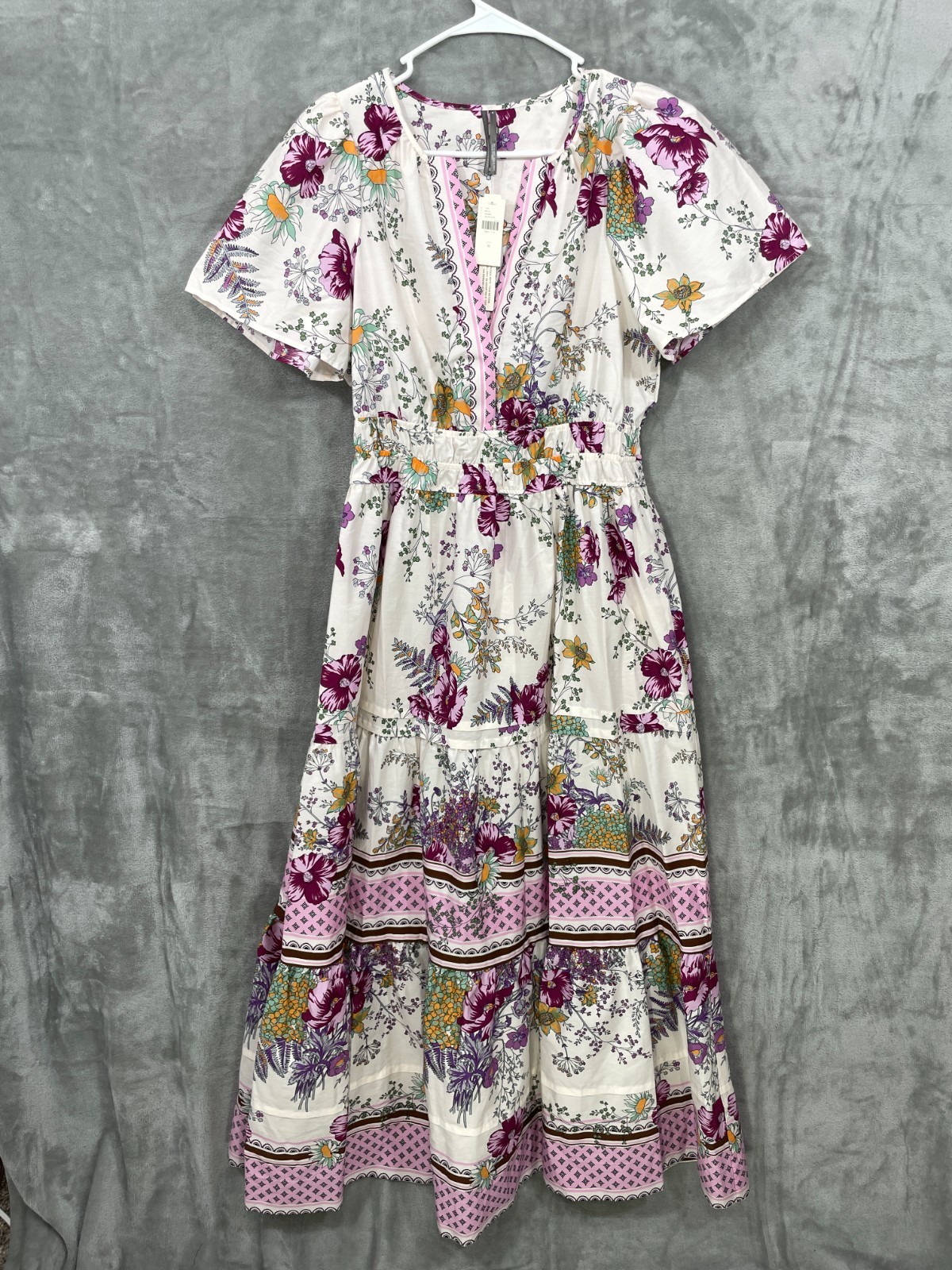 NWT Anthropologie Somerset Maxi Dress  Size M Tiered Floral Cotton White Purple