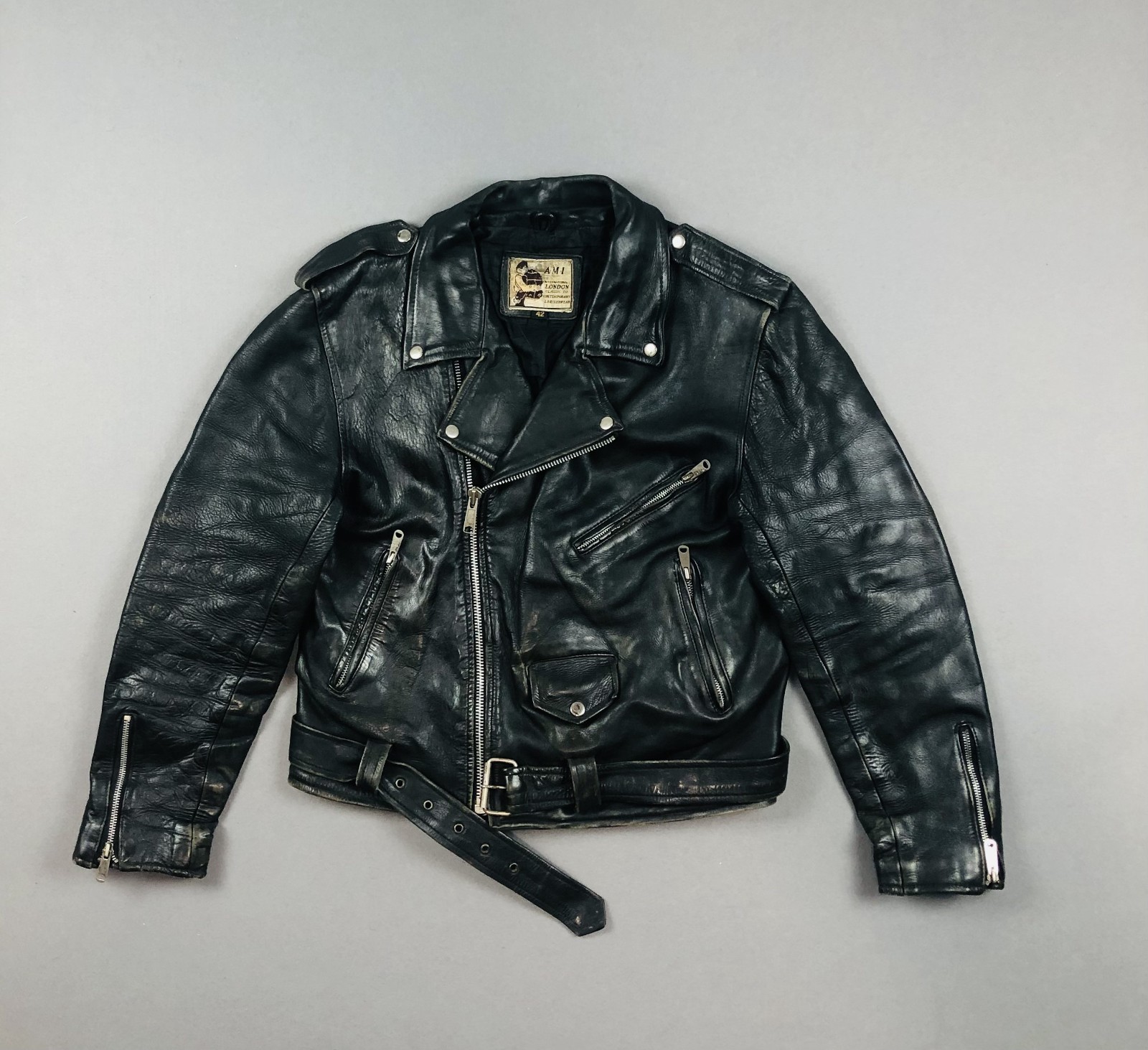 Vintage 70s 80s AMI London Black Leather Belted Motorcycle Biker Jacket Sz 42