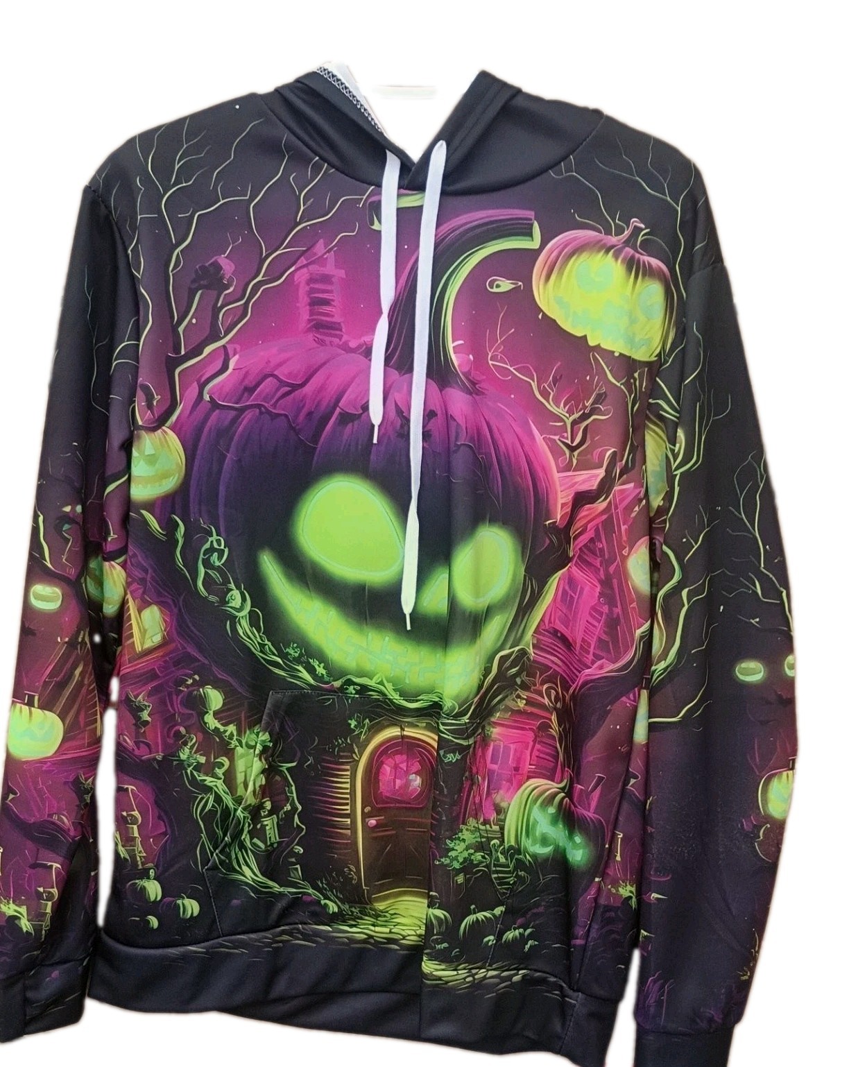 Halloween Pumpkin Graphic Pullover Hoodie Size S Neon Jack-O\'-Lantern Black