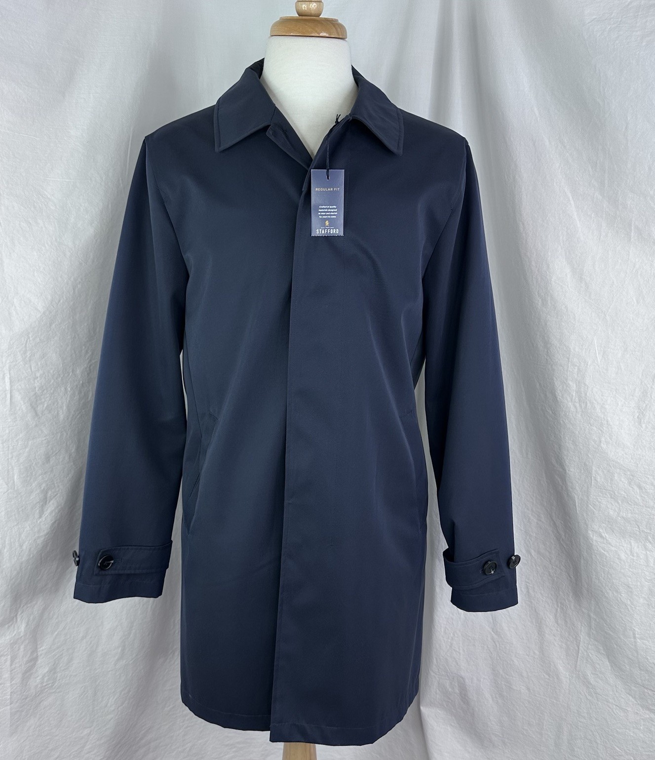 Stafford Men\'s Navy Blue Trench Coat Jacket Sz Medium Regular Fit Lightweight
