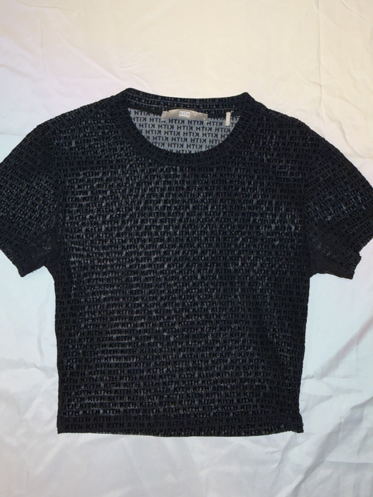 KITH Women\'s S Black Sheer Mesh Logo Short Sleeve Crew Neck 