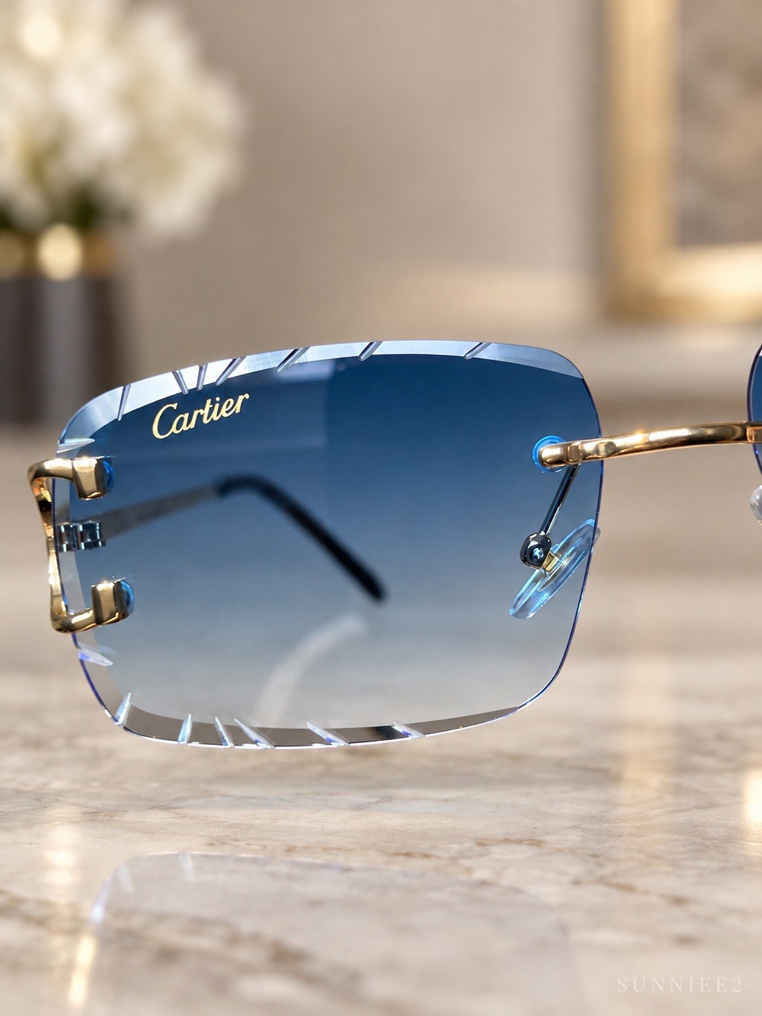 Cartier Big C Diamond Cut Blue Fade Rimless Glasses Gold Frame Designer Eyewear