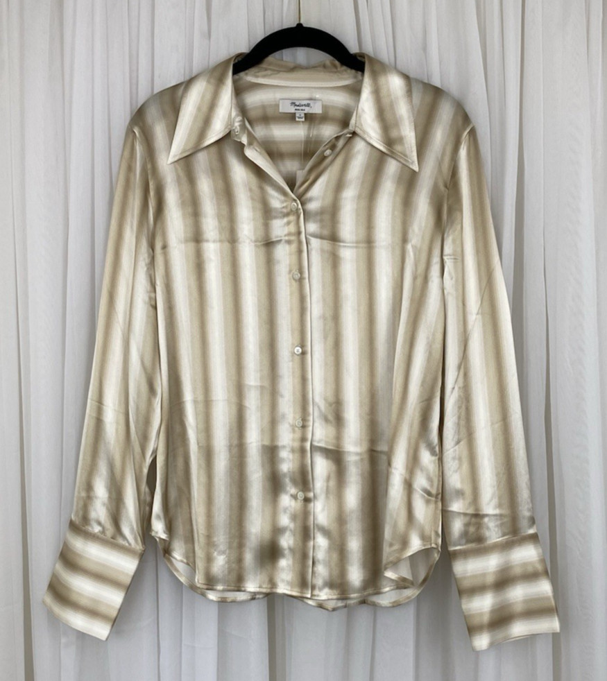 Madewell Women\'s Sz 8 Faded Khaki Stripe Slim Silk Button Up Shirt New $158