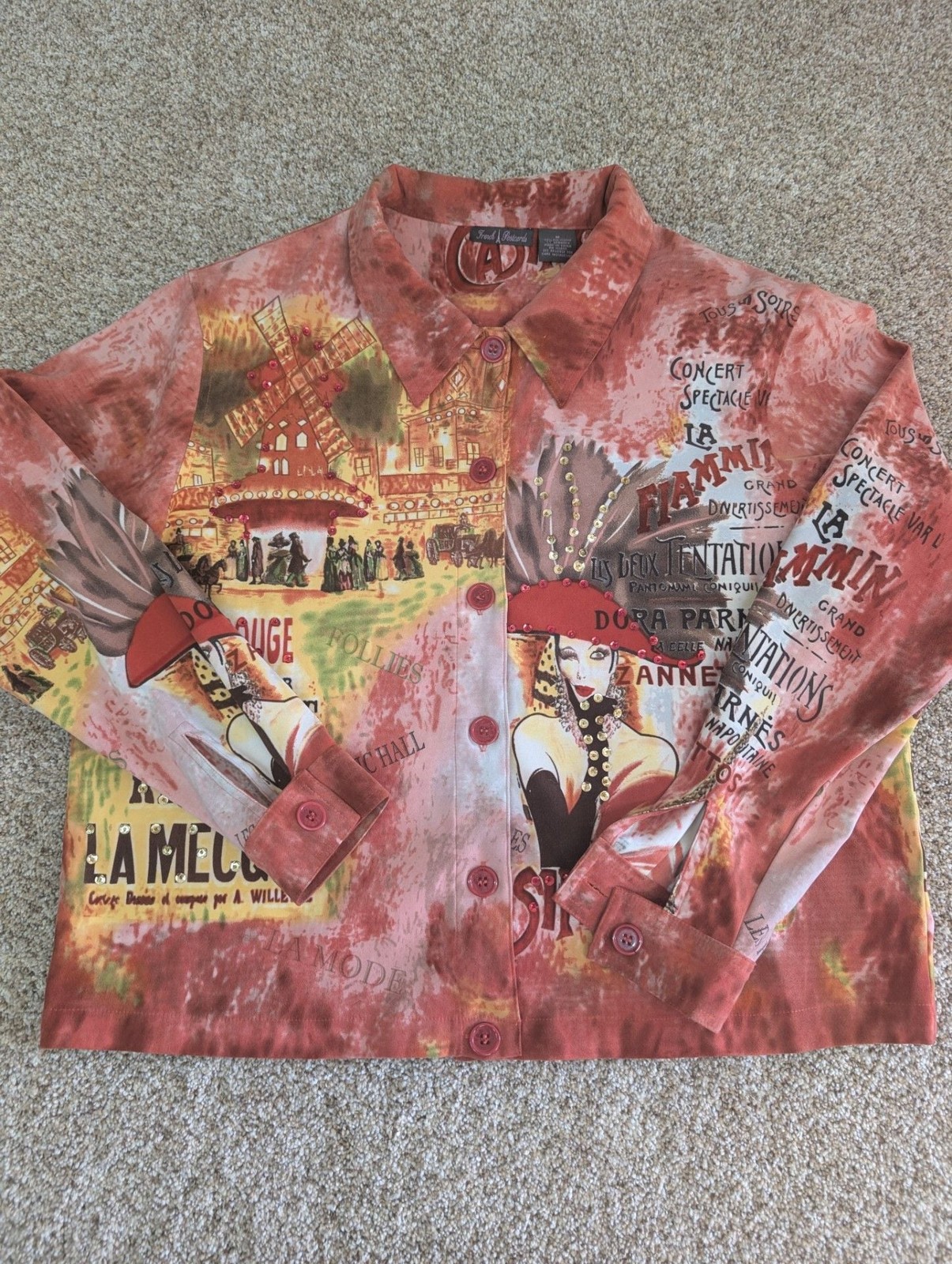 French Postcards Vintage Art to Wear Paris Moulin Rouge Sequin Button Down Shirt