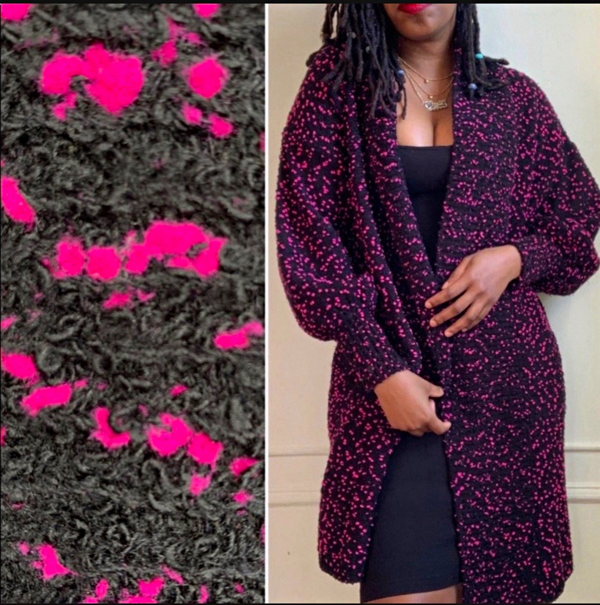 Vintage 80’s Black & Hot Pink Speckles Shawl Collar Oversized Cardigan Sweater