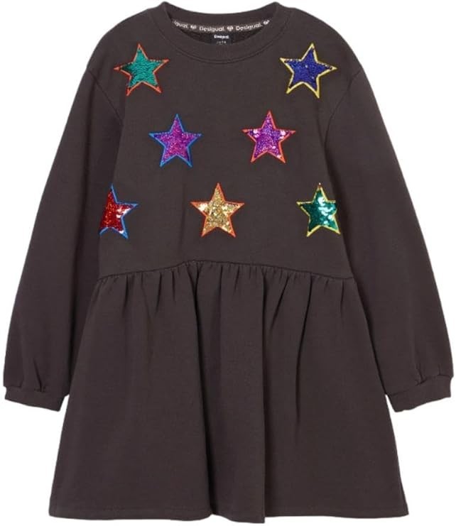 Desigual Girls Fit & Flare Dress Long Sleeve Black Size 4 Star Appliques