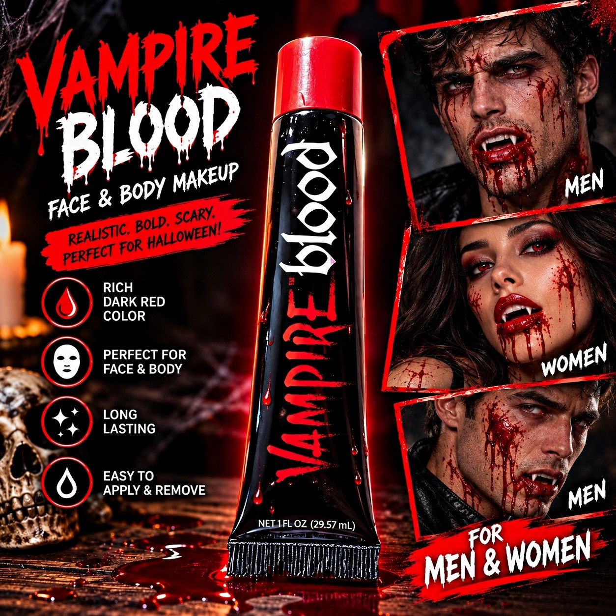 Fun World Halloween Vampire Blood Fake Blood Face & Body Makeup Dark Red 1 fl oz
