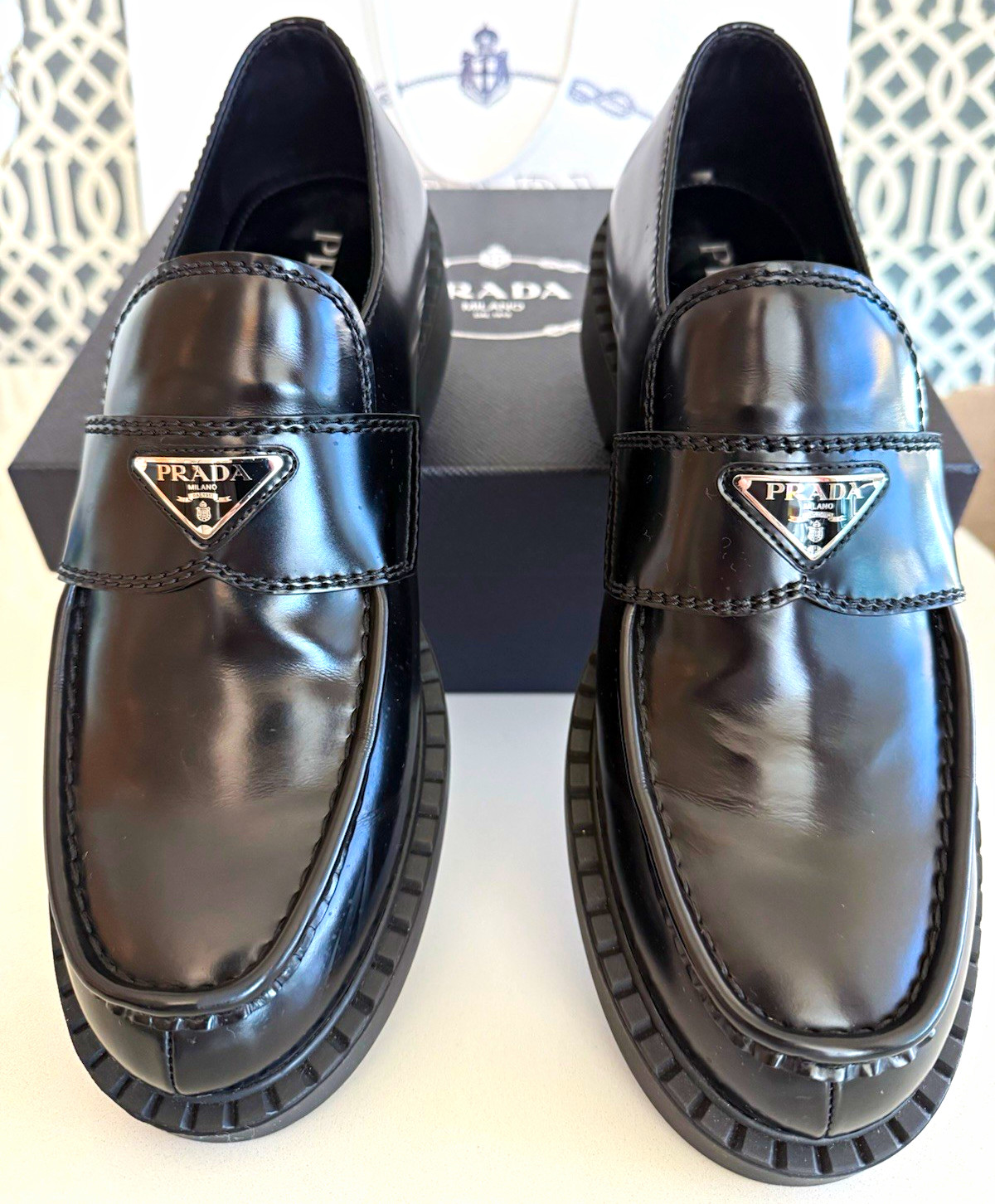 PRADA Men’s Black Leather Logo Plaque Slip-On Loafers Round Toe US 10.5