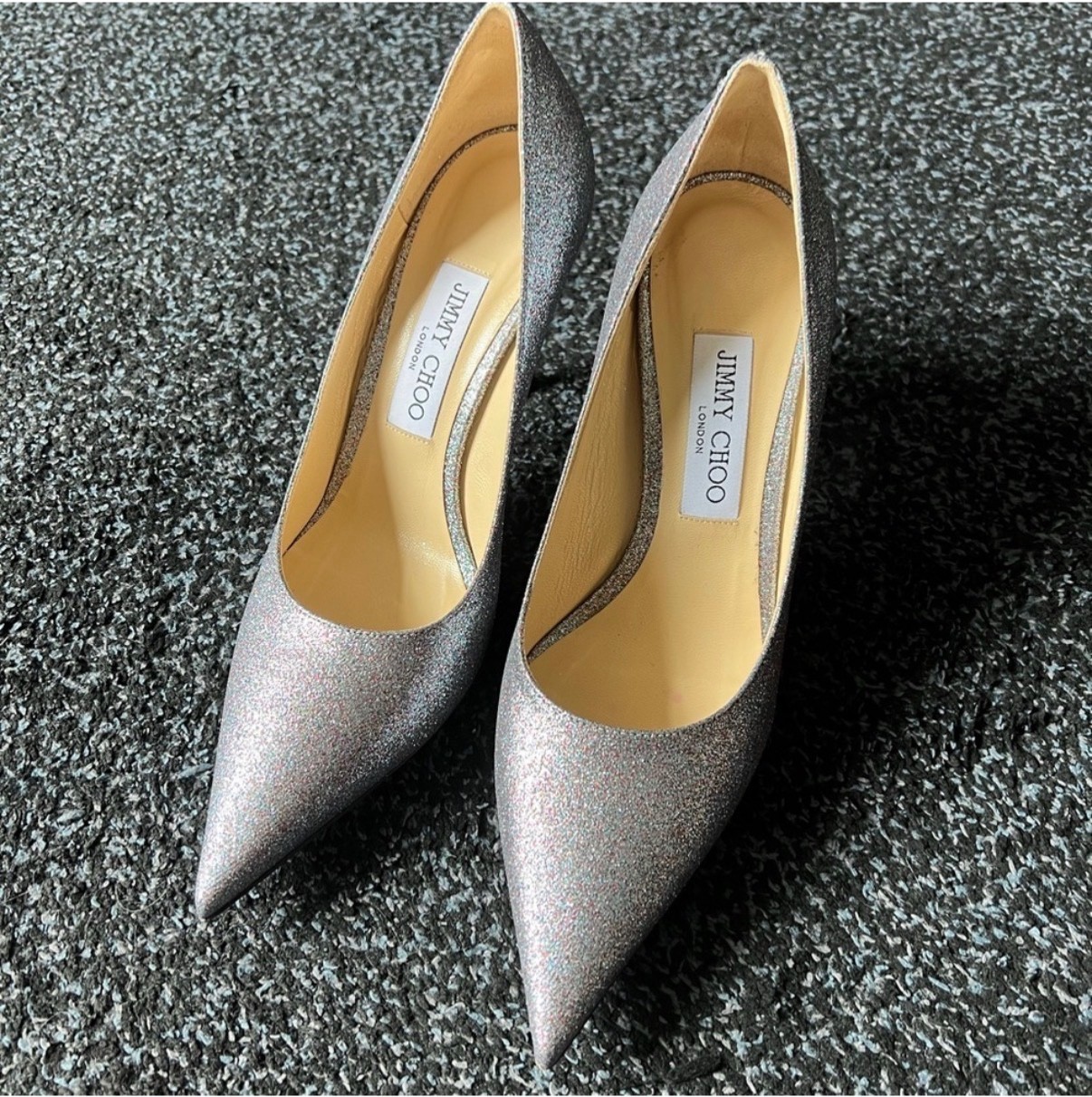 Jimmy Choo LOVE 85 Glitter Pointed Toe Pumps Multi Silver Size 38 w/ Box