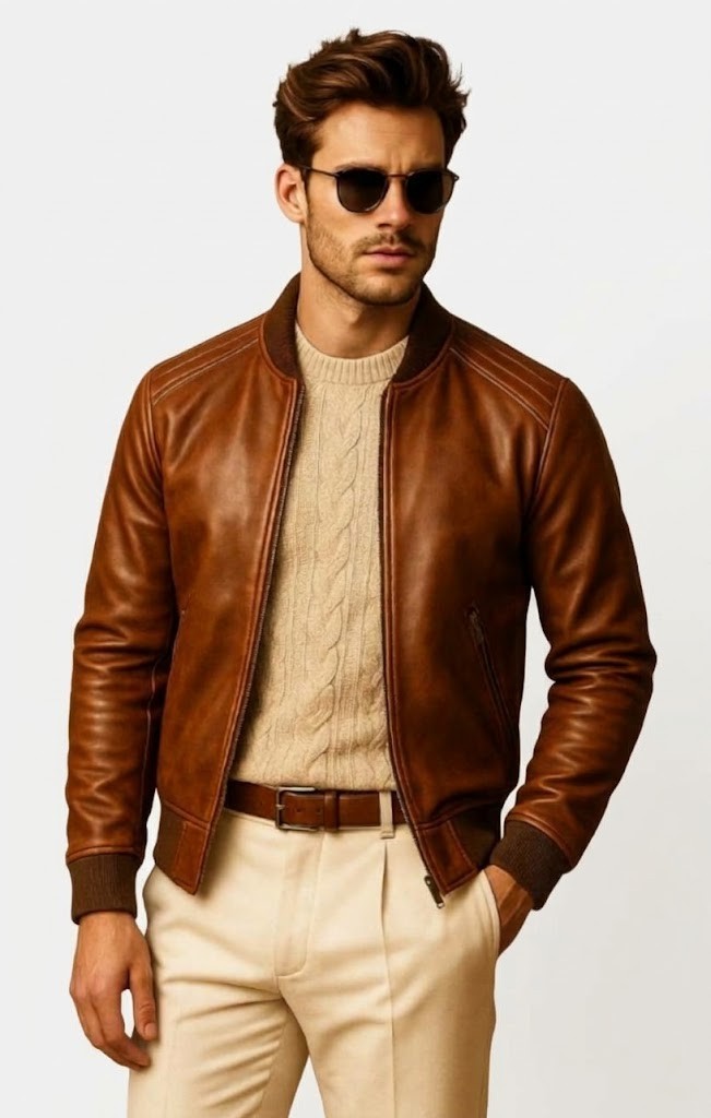 Men’s Brown Genuine Sheepskin Leather Bomber Jacket Handmade Aviator Coat
