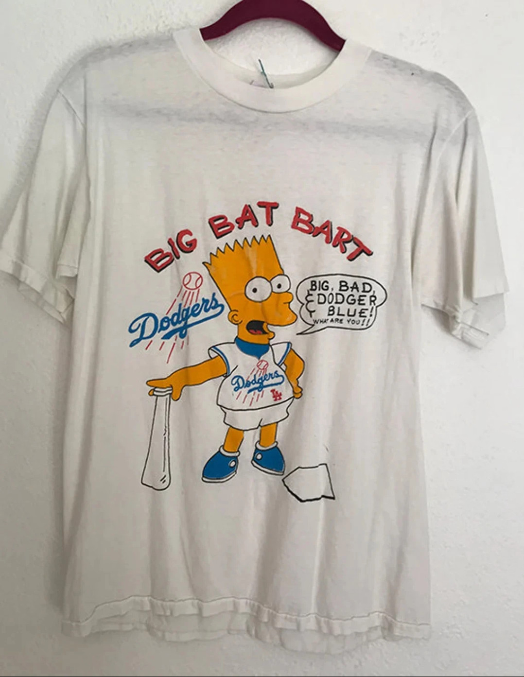 Vintage 90s Bart Simpson Dodgers Big Bat Bart MLB T Shirt White BTH252