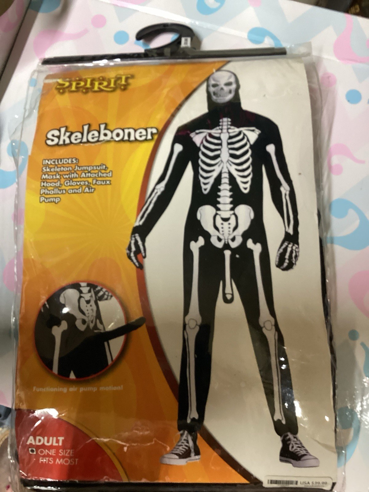 Spirit Skeleboner Adult Skeleton Outfit XXL Mask Hood Gloves Pump