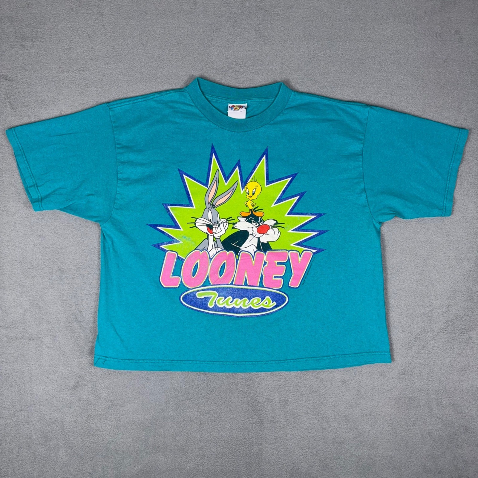Vintage 90s Looney Tunes T Shirt Bugs Bunny Tweety Teal Cropped Boxy Graphic XL