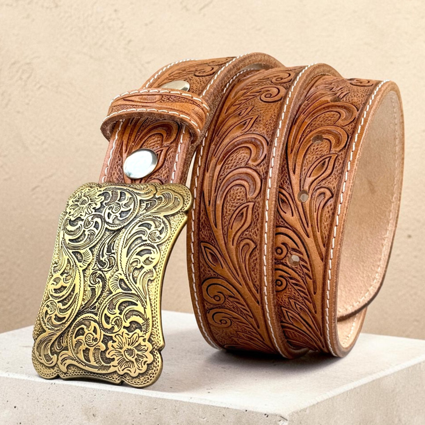 Women's Handmade Floral Western Leather Belt, Removable Buckle 1.5
