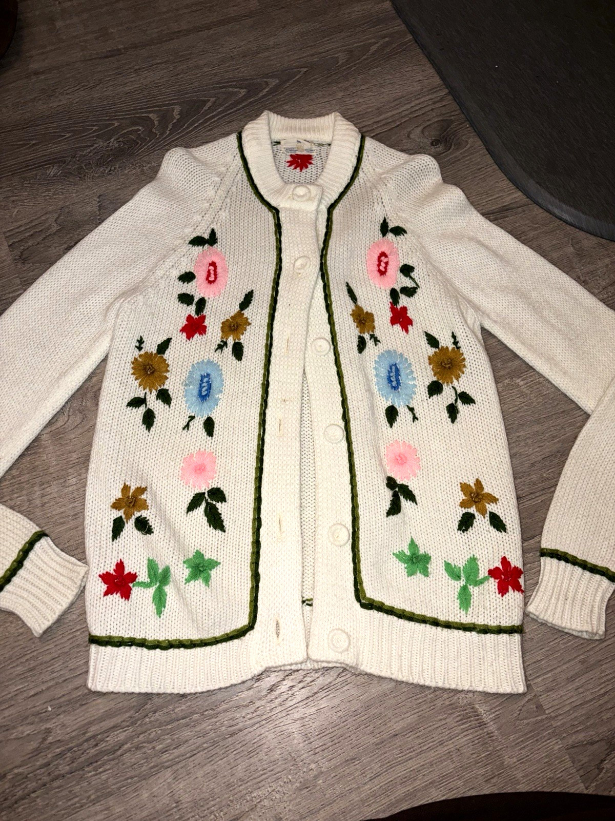 Vintage 60s Floral Hand Embroidered Knit Cardigan Sweater Collared Button Front