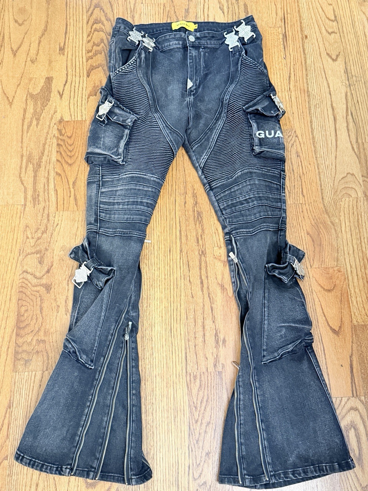 Guapi Vintage Black Oblivion Biker Denim – Stacked Moto Cargo Jeans Size 36