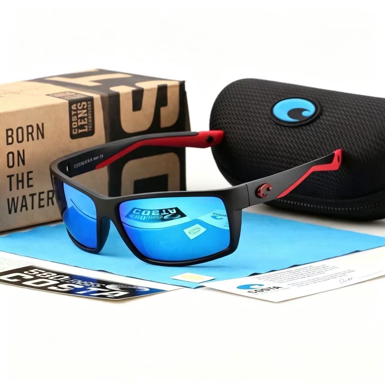 Costa Reefton Sunglasses Black Red Blue Mirror Polarized 580P New in Box