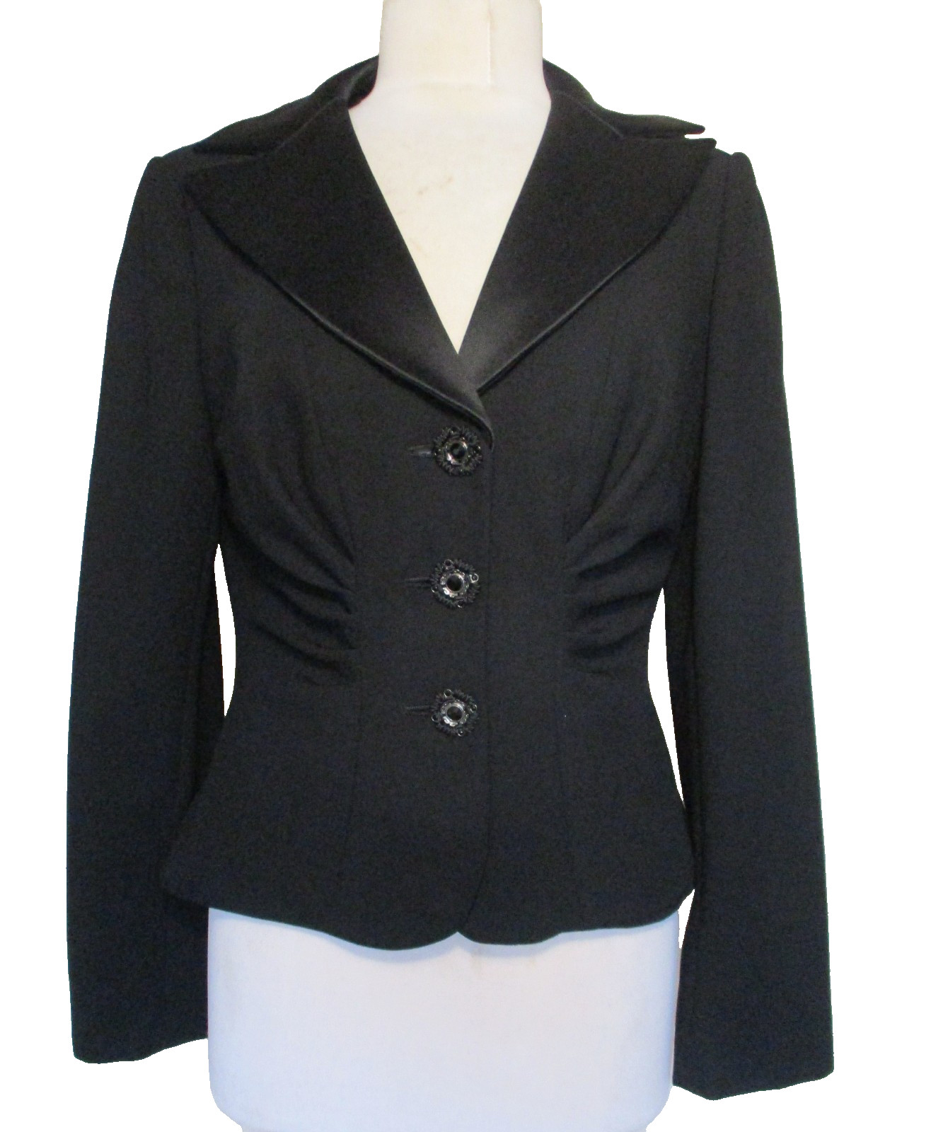 Kay Unger Womens Black Tux Blazer Sz 8 Satin Collar Jacket Crystal Buttons
