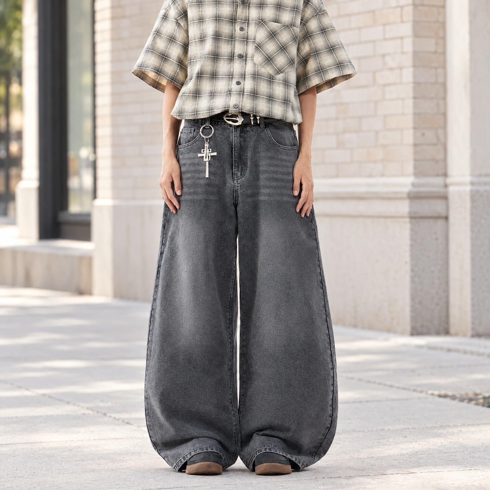 Men\'s Y2K Baggy Jeans Gray Vintage Wash Wide Balloon Leg Oversized Hip Hop Denim