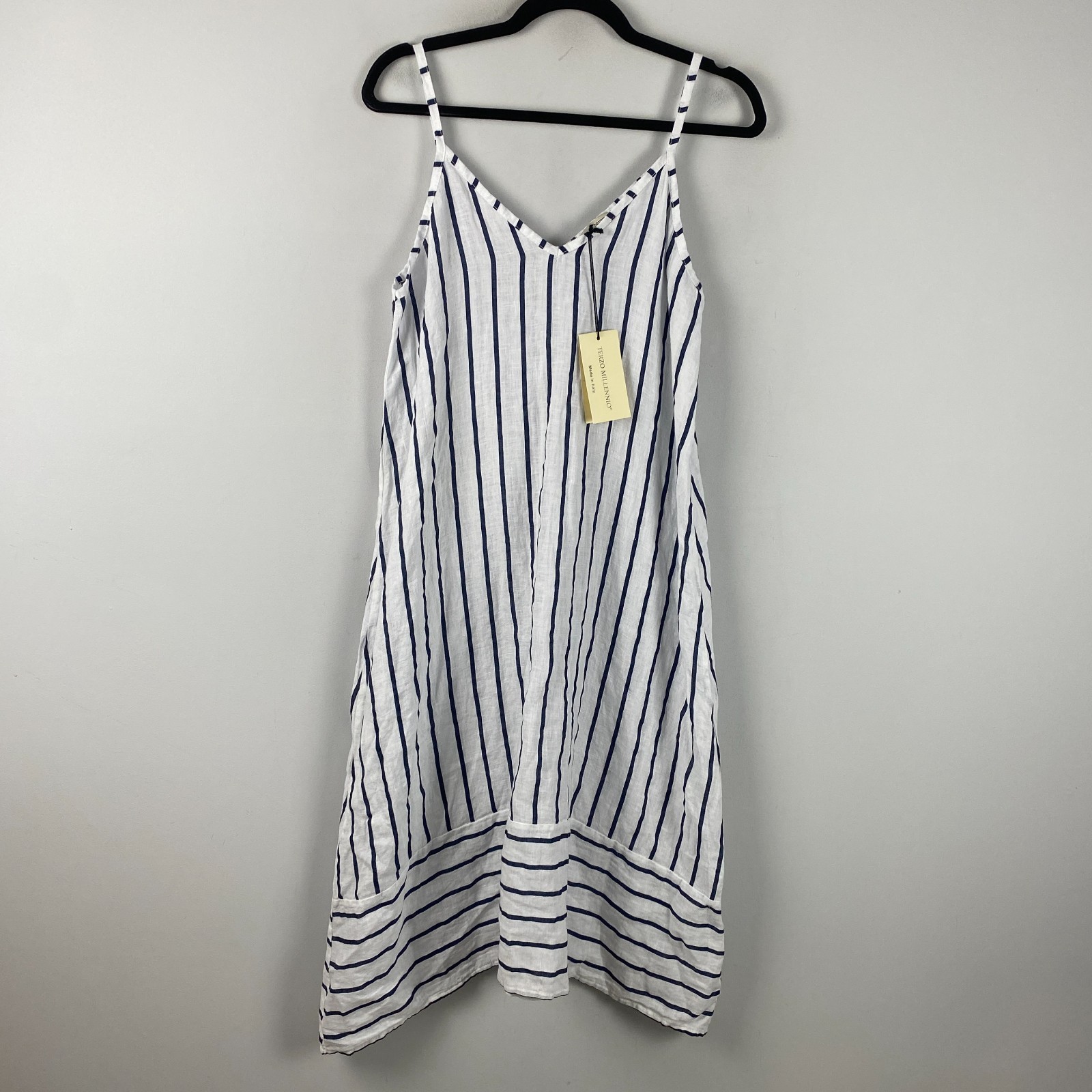 Terzo Millennio Linen Midi Dress Size Medium Blue White Stripe