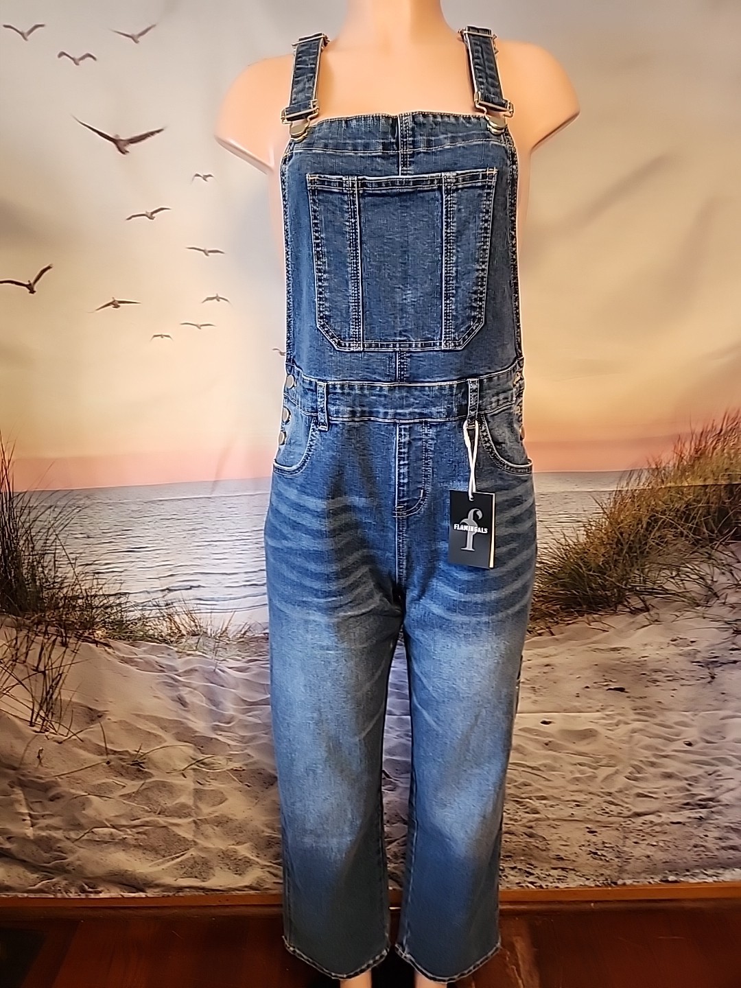 Nwt Womens Flamingals #80498 Blue Jeans Overall Size LARGE 29 inseam.