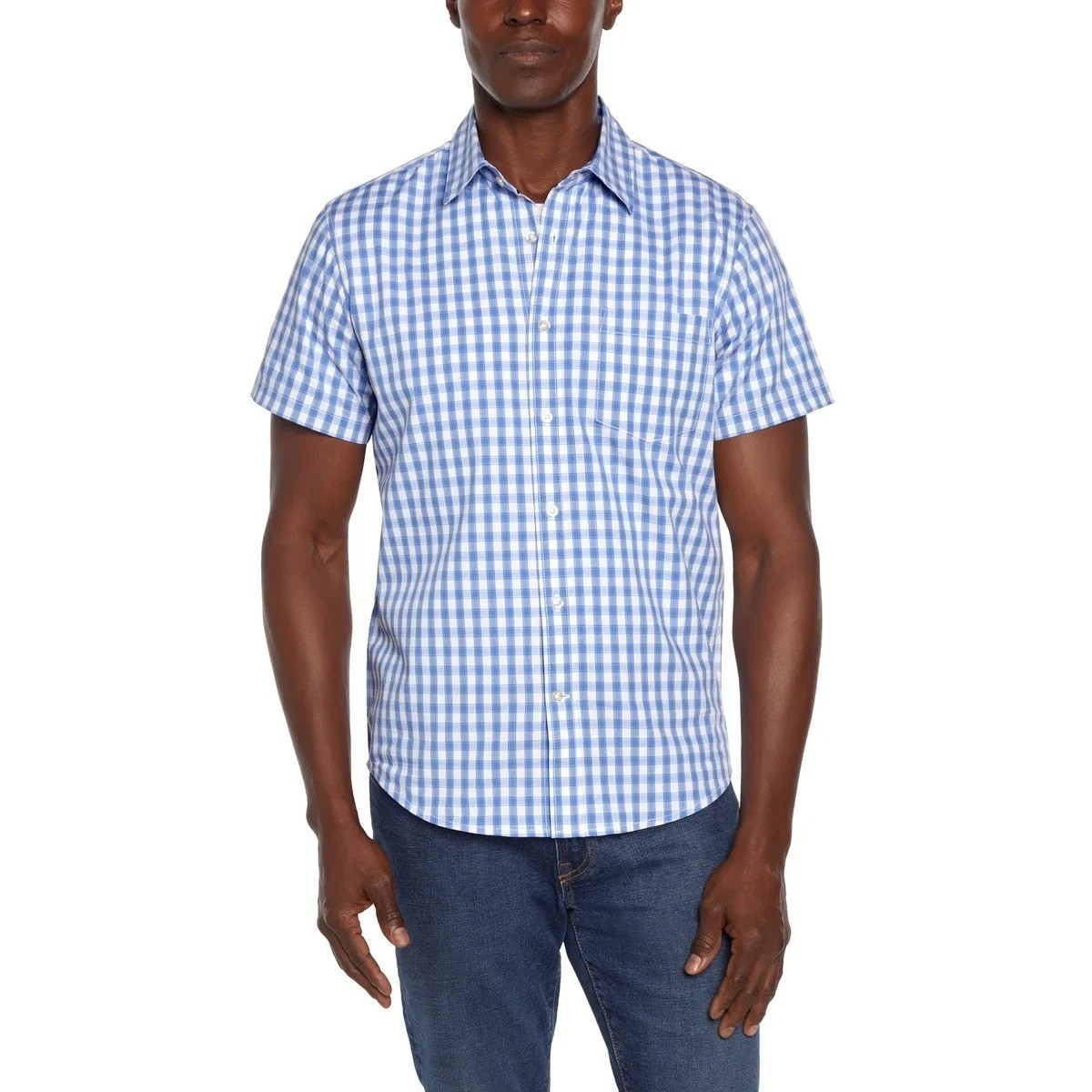 NWT Gap Men\'s S Blue & White Gingham Short Sleeve Poplin Shirt 97% Cotton C0745