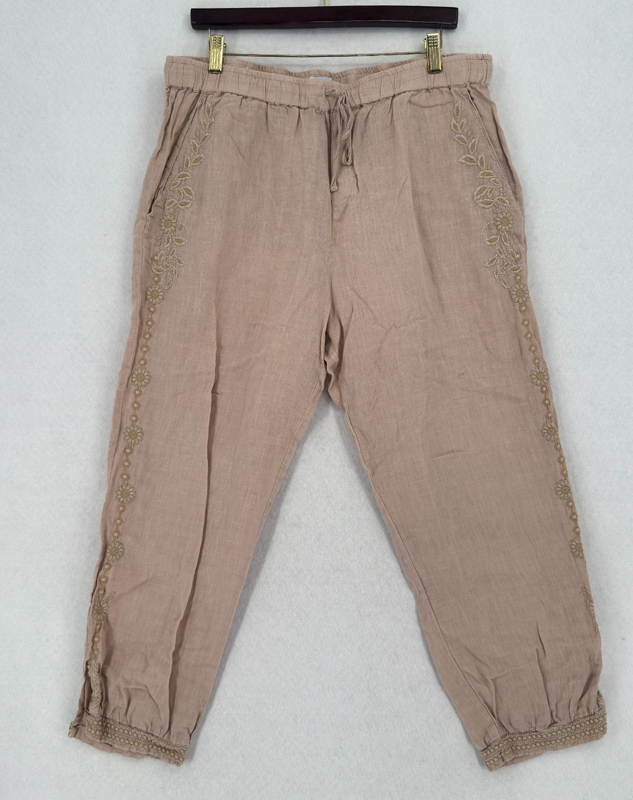 Johnny Was JW Los Angeles Kemi Khaki Woven Linen Relaxed Jogger Pants Sz L
