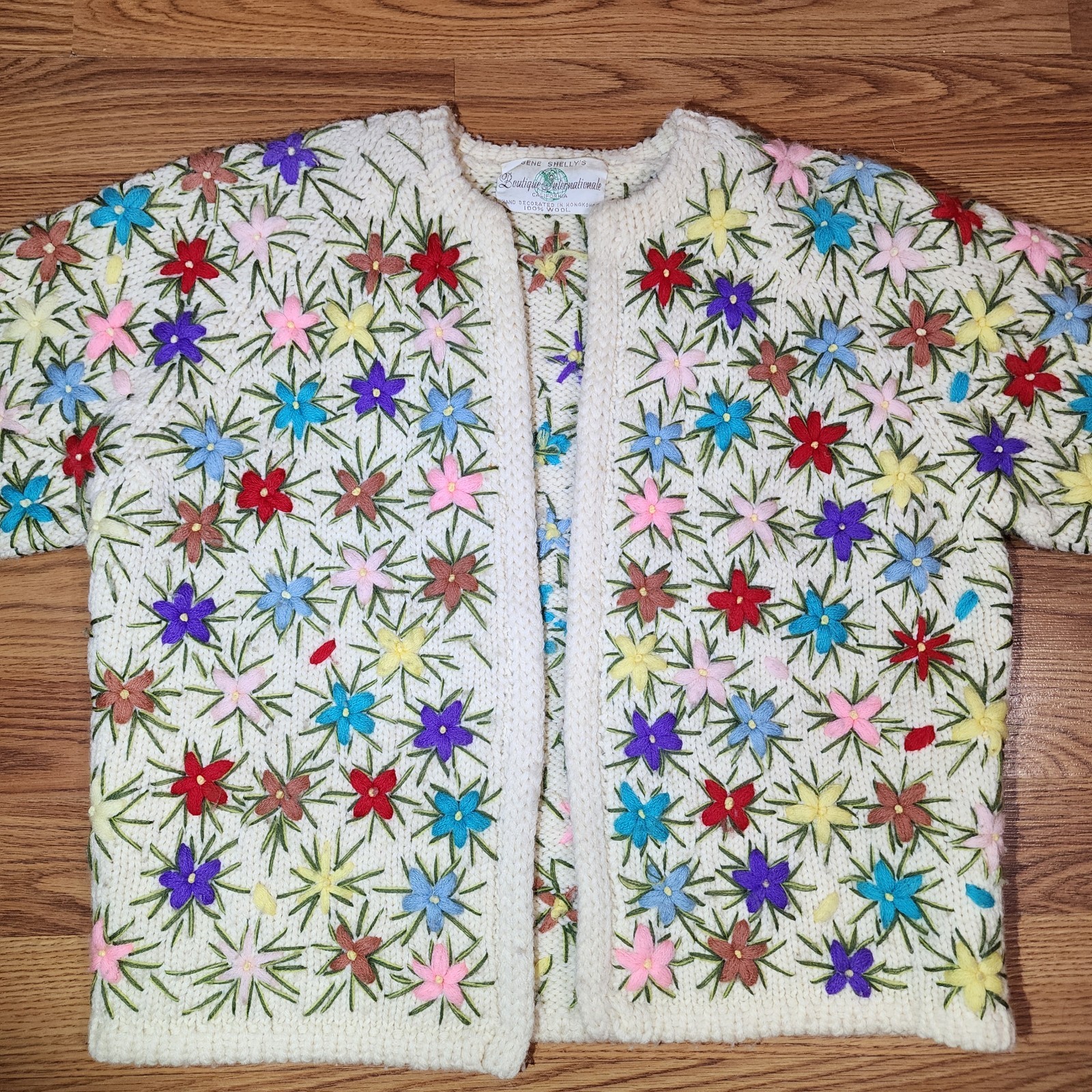 Vtg 1960s Rare Gene Shelly’s Boutique Hand Embroidered Floral Cardigan Sweater 