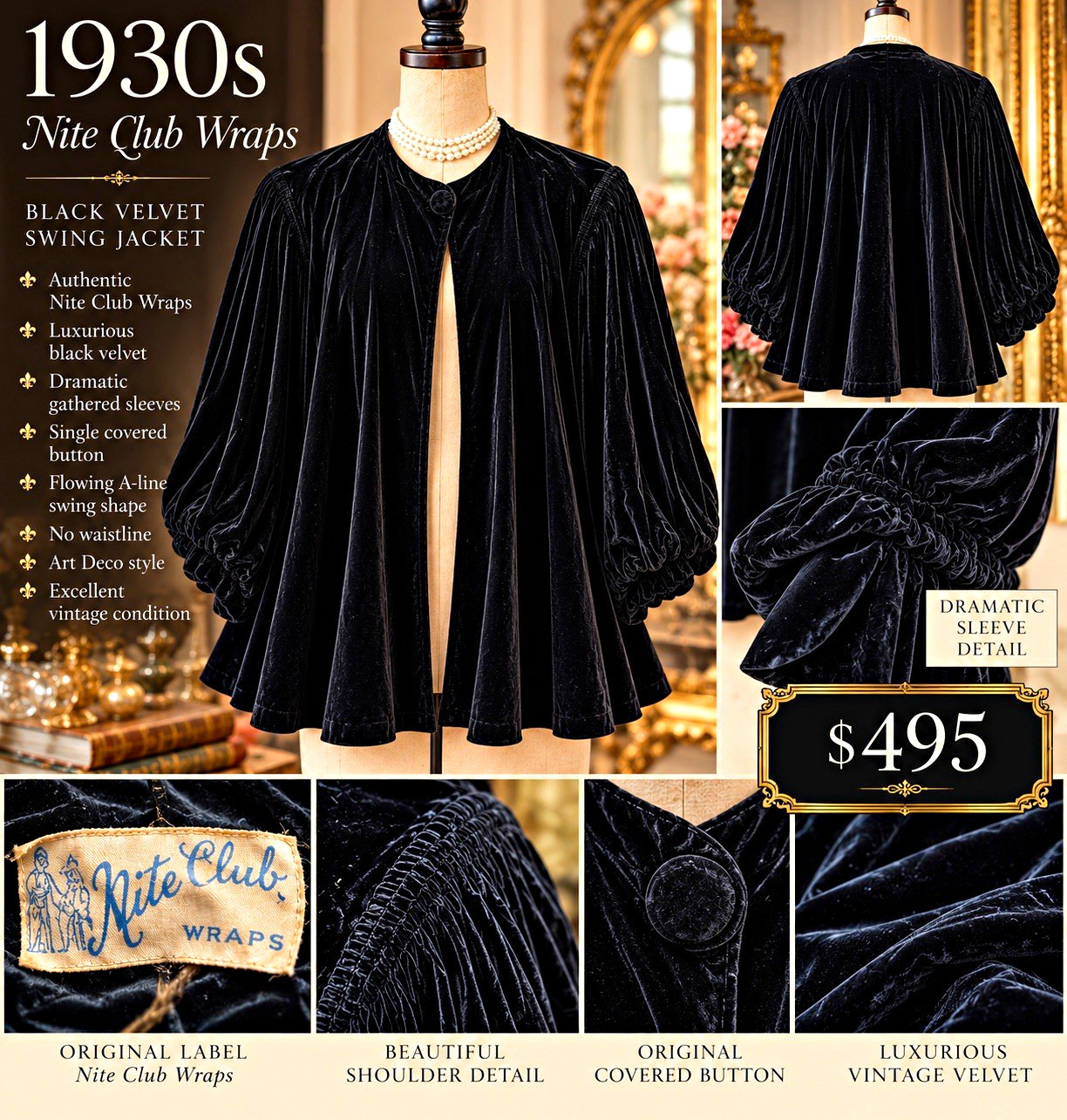 Nite Club Wraps 1930s Black Silk velvet Swing Jacket Sleeves Covered Button