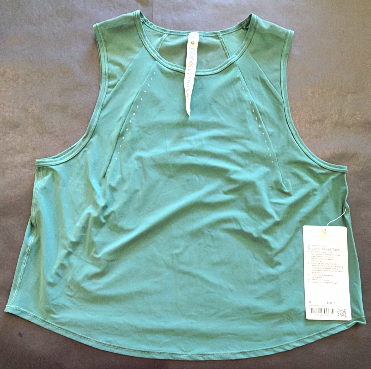 NWT lululemon Sculpt Cropped Tank Women’s size 8 Green Breathable Quick Dry