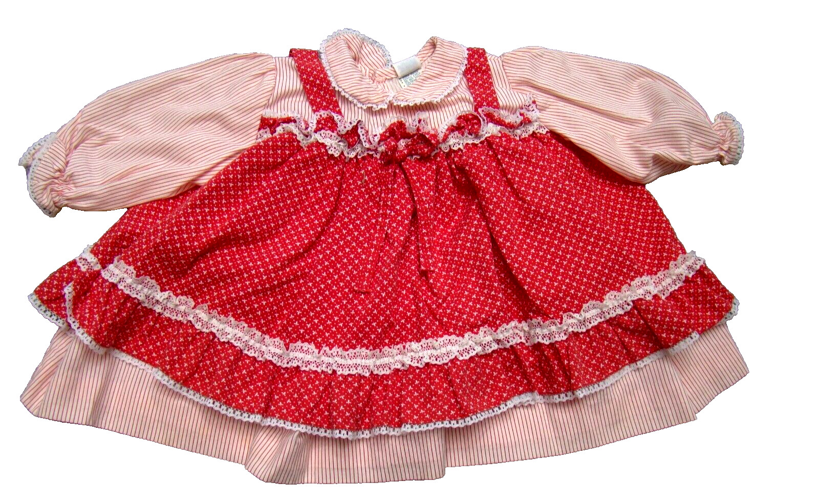 Vintage Toddle Tyke Girls 18 Months Pinafore Red White Dress Long Sleeve