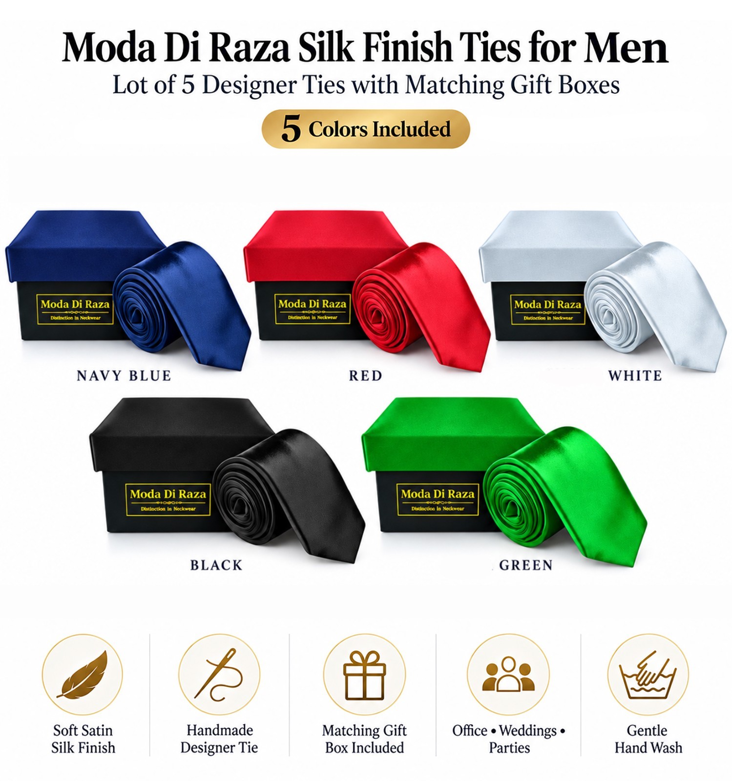 Lot of 5 Men\'s Silk Finish Solid Color Ties with Gift Boxes, Wholesale Lot, Ties