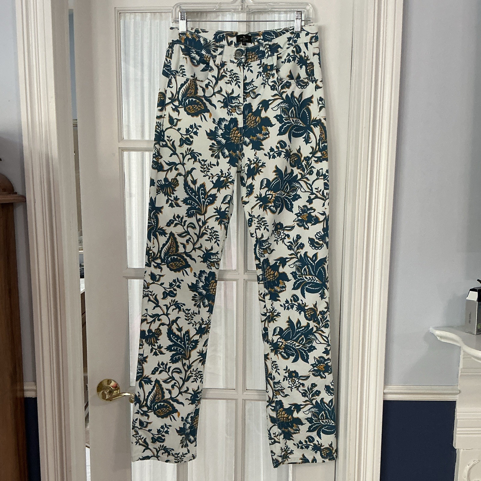 ETRO Women’s Ivory Blue Green Floral Cotton/Spandex Pants 32\