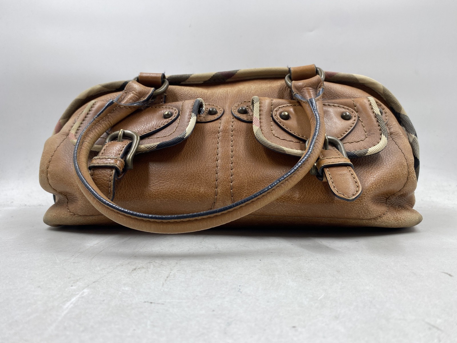 Vintage Burberry Brown Leather Nova House Check Satchel Handbag Made in Italy