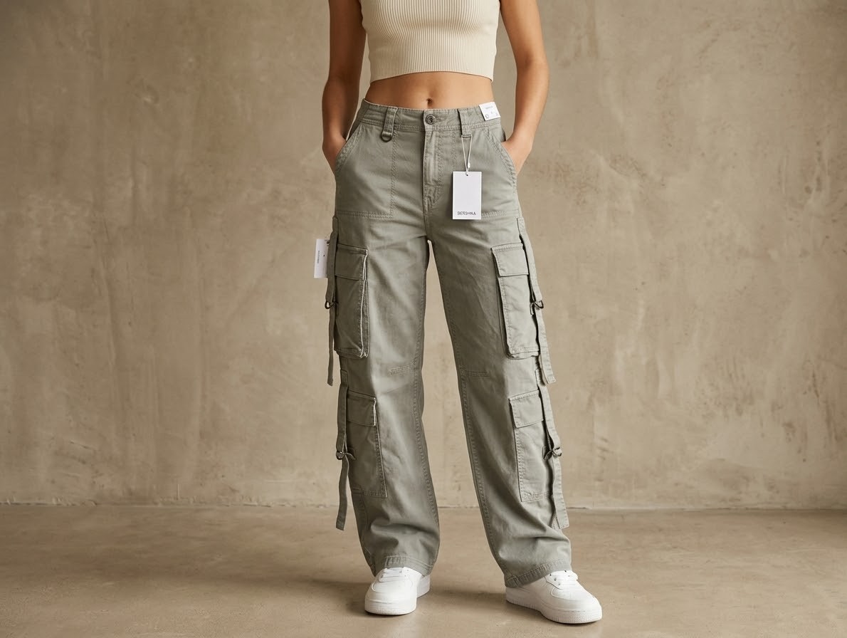 NWT Bershka Women’s Multi Cargo Pants Grey/Sage Wide Leg Utility Straps Size US