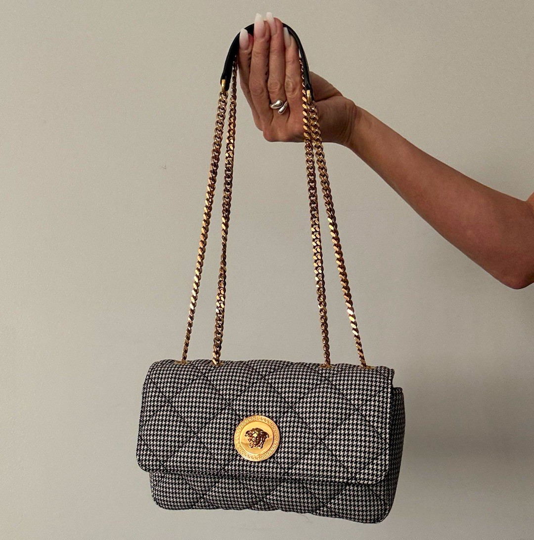 Authentic Versace Houndstooth Tweed Quilted Shoulder Bag Medusa Head Gold Strap