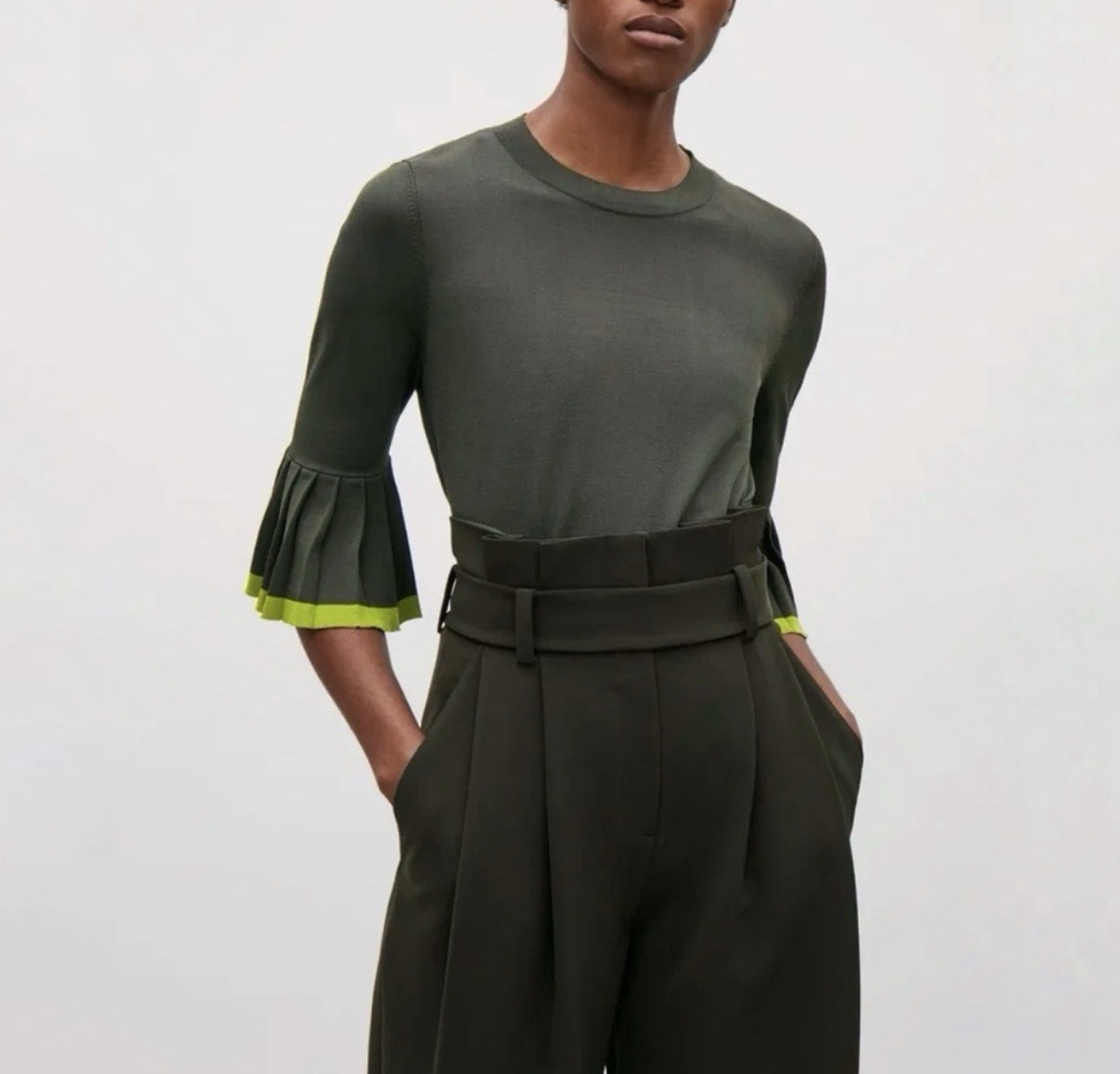 COS Knitted Top Sweater Pleated 3/4 Flared Sleeves Women Medium M  Green