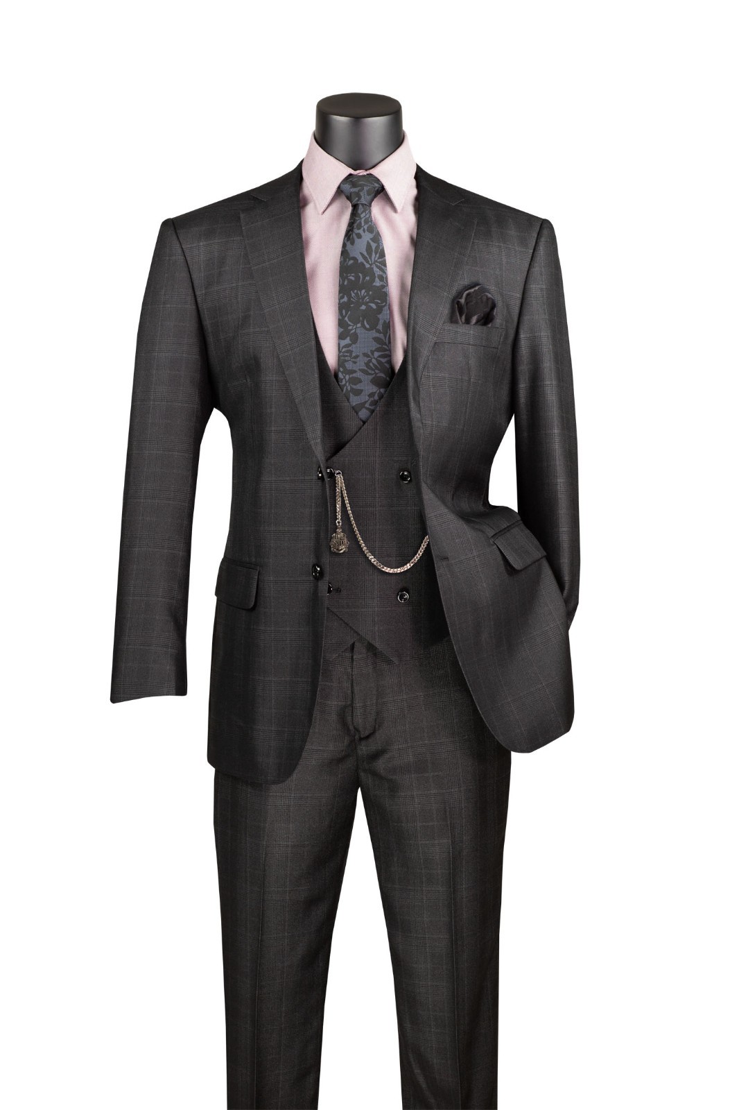 Vinci Men's Regular Fit Glen Plaid 2-Button 3-Piece Suit Black