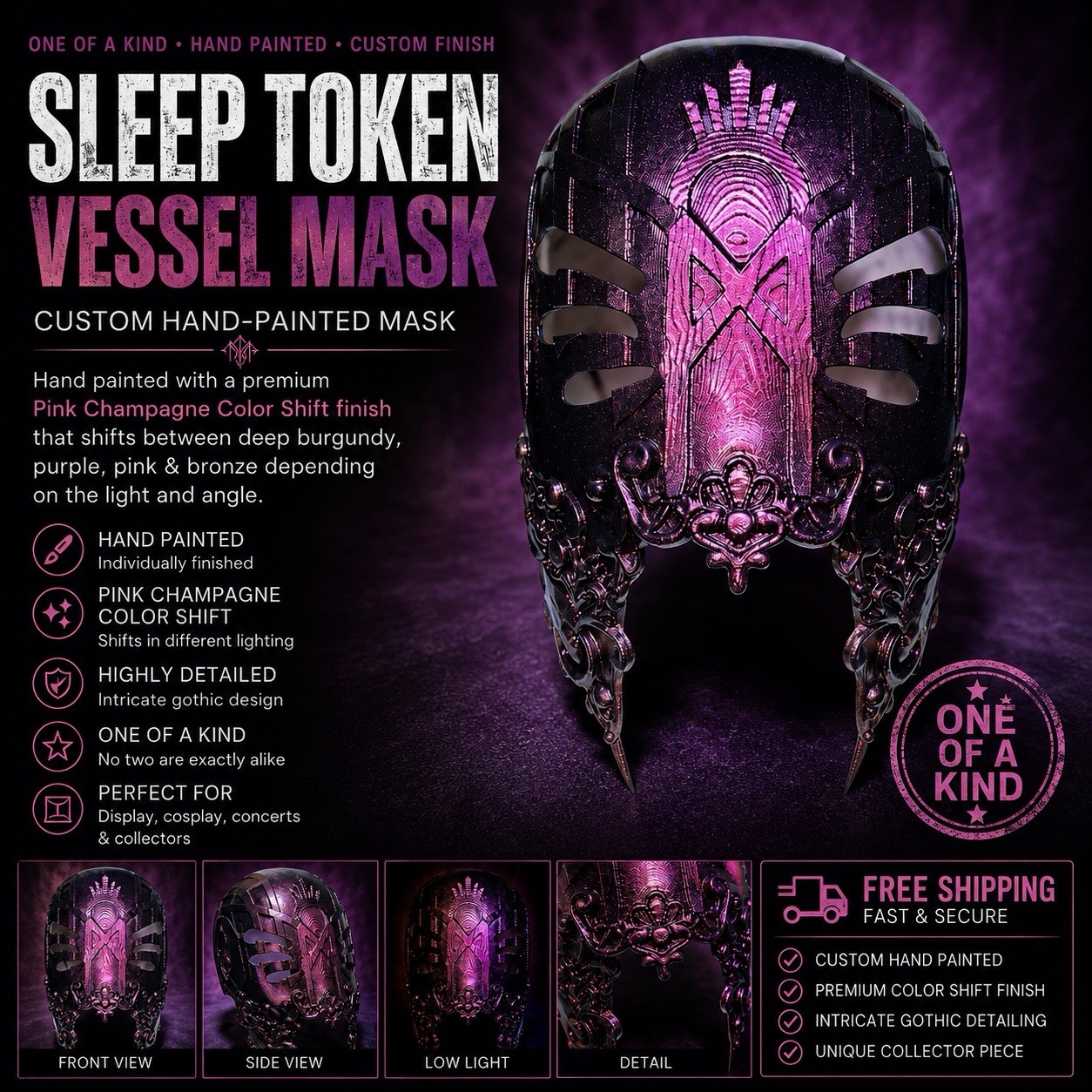 Custom Sleep Token Vessel Mask Hand Painted Pink Champagne Color Shift Cosplay