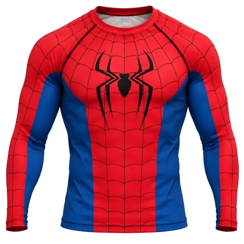 Spider-Man Cosplay Compression Shirt, Red Blue Web Pattern, Long Sleeve Gym Top 