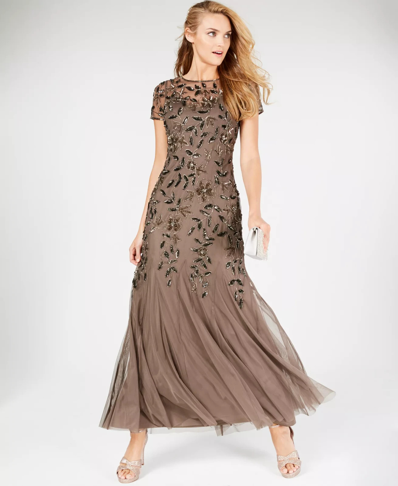 Adrianna Papell Mercury Lead Nude Beaded Sequin Floral Godet Gown Size 6 $329
