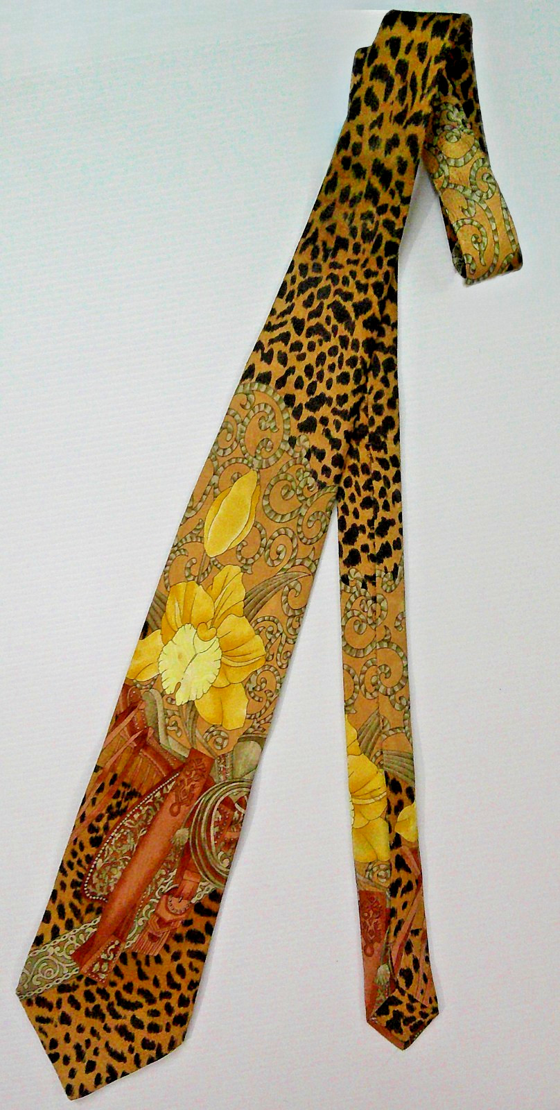 Leonard Paris Silk Tie – Leopard Print & Golden Daffodil Art Nouveau Vintage 90s