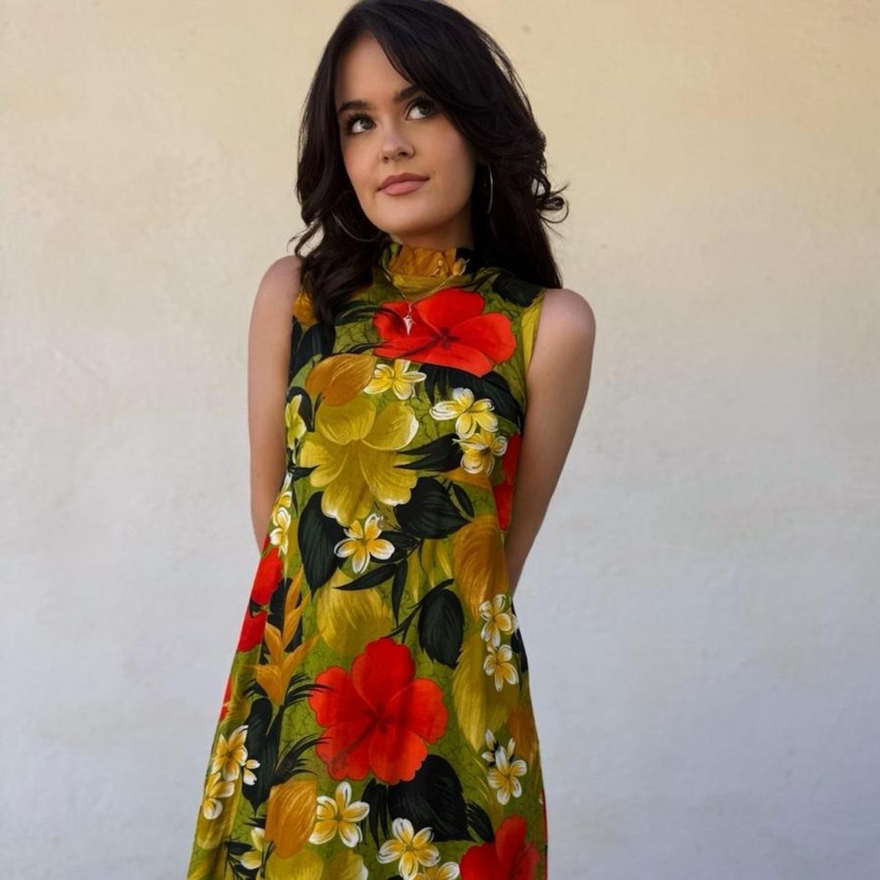 Vintage 60s Sears Hawaiian Fashions Maxi Dress Floral High Neck Ruffle Green SM